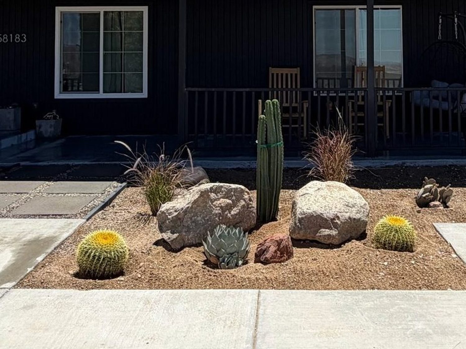 Entrance after, barrel cacti, a columnar cactus, and boulders in a new bed along the porch