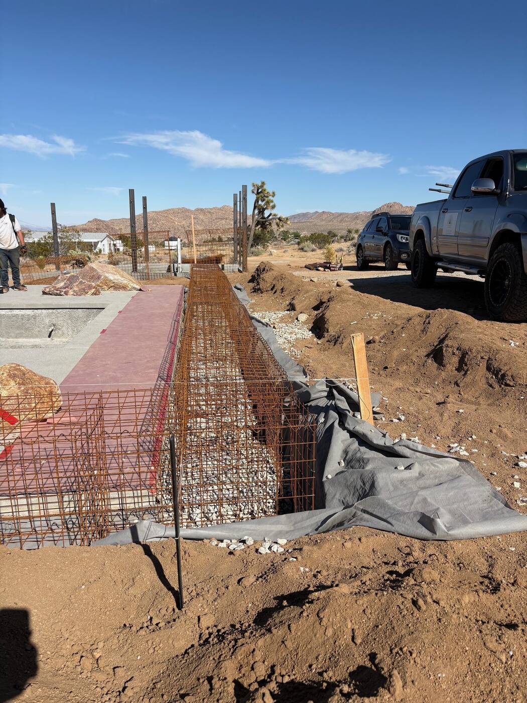 Gabion cage frame running the length of the pool deck, staged boulders and Joshua tree in the background