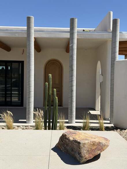 Arched wood entry door framed by round columns and a single columnar cactus