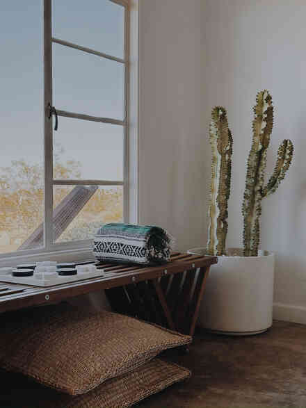 Covered patio lounge with potted cacti and built-in bench seating