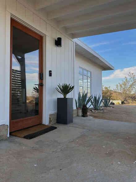 Glass entry door framed by wood siding and a potted agave